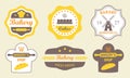 Bakery badges and labels set in old or vintage style. Design elements with bread symbol isolated on white background. Vector illus Royalty Free Stock Photo